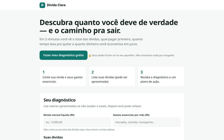 Tela da solução Dívida Clara